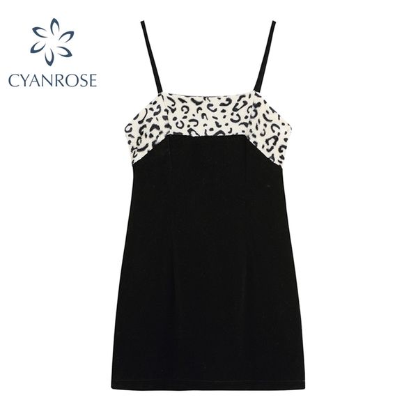 

party clubwear spaghetti strap crop dress women sleeveless bodycon flannel dresses spliced faux leopard print street female 210430, Black;gray