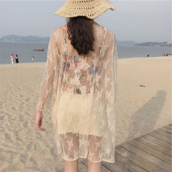 

women's jackets summer embroidered shawl thin coat holiday seaside beach sunscreen clothing mid-length lace swimsuit cardigan, Black;brown