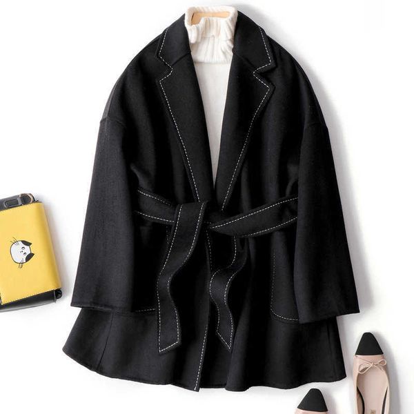

mozuleva arrival double sided cashmere coat black color with belt style woolen women's coat for winter 210706