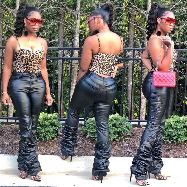 

women's pu leather pants fashion casual stretwear solid high waist tight pleated slim straight trousers & capris, Black;white