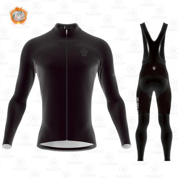 

go rigo goo team winter cycle thermal fleece long sleeve jacket suits mtb cycling clothing bicycle bib tights ciclismo sets racing, Black;blue