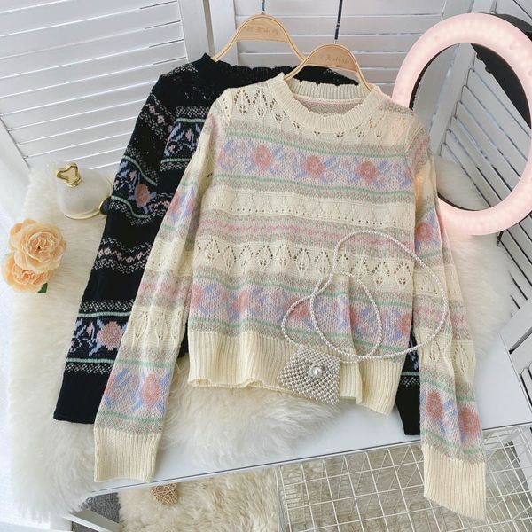 

women's sweaters female upper thin shirt hollow out sweet mesh sweaters gilrs o-neck long sleeve striped flowers loose feminine autumn, White;black