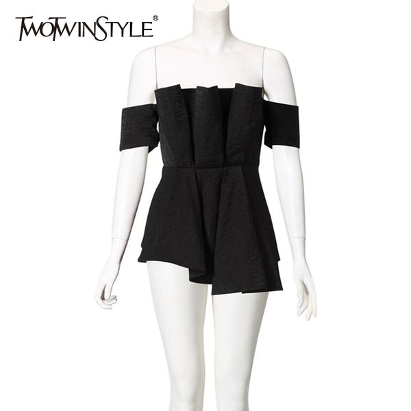 

twotwinstyle black shirt for women slash neck short sleeve tunic peated blouse female fashion summer clothing 210517, White