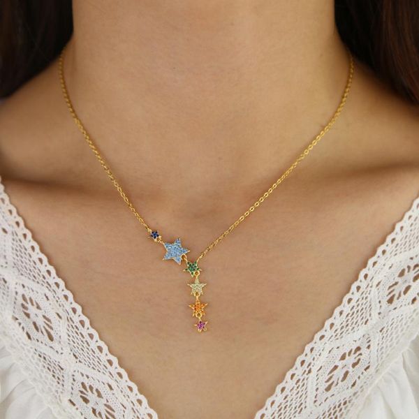 

drop micro pave colorful cz rainbow multi star link chain layer choker y statement necklace jewelry for wedding pendant necklaces, Silver
