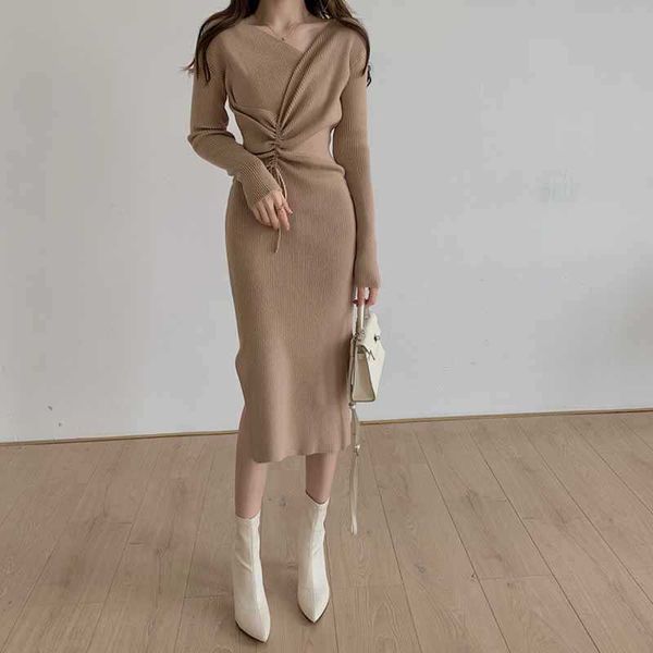 

one-piece women v-neck drawstring knit dress korean elegant long sleeve autumn winter woman knitting sweater dresses simple 2020 y0603, Black;gray