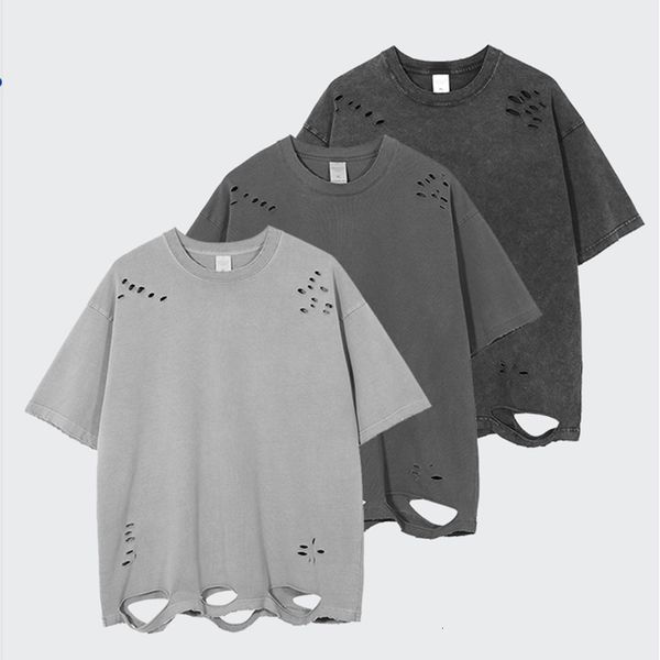 

men's t-shirts high street oversize retro hole in cotton summer t-shirt of men and women with short sleeves washed casual t-o, White;black