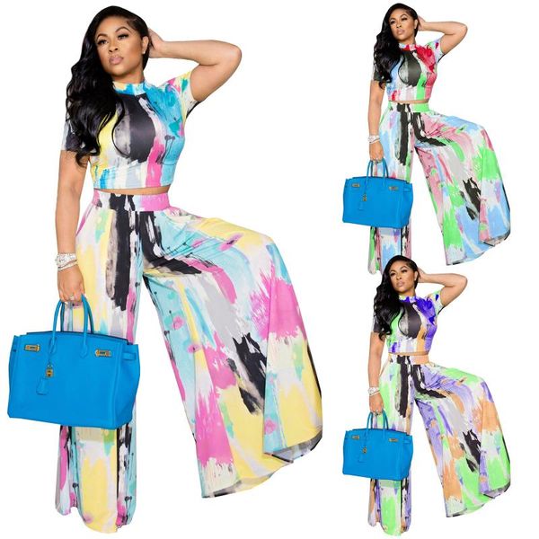 

women's two piece pants 2021 summer two-piece suit fashion tie-dye printing casual women sports leisure wide-leg, White