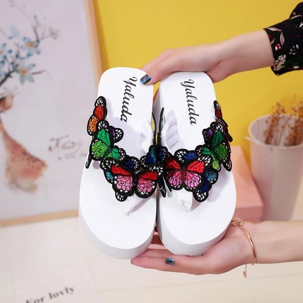 

slippers summer women style butterfly adornment platform wedges sandals high heels flip flops womens slides, Black