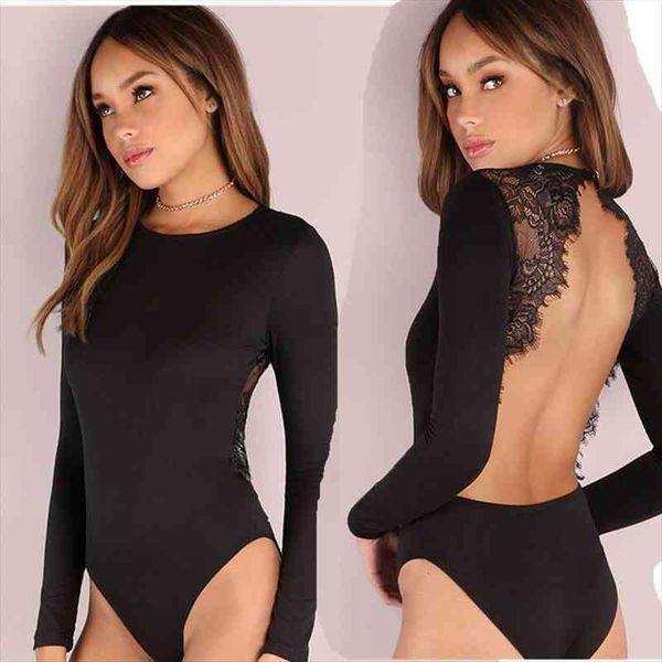 

jumpsuit backless lace patchwork bodysuit black autumn winter slim bandage teddies long sleeve skinny bodysuit, Black;white
