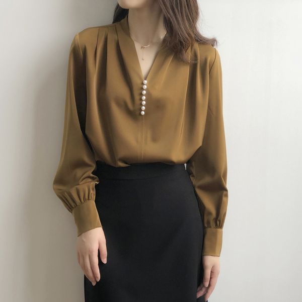 

women's tanks & camis vneck long sleeve pearl satin woman blouses shirts loose straight elegant ladies blouse autumn lcg5, White