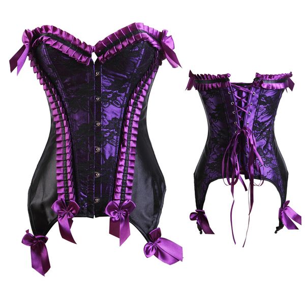 

Woman Bustiers Hot Purple Ruffled Sexy Corset Gothic Bustier With Garters Womens Bownot Lace Up Underbust Overbust Burlesque Victorian Corse, Black;white