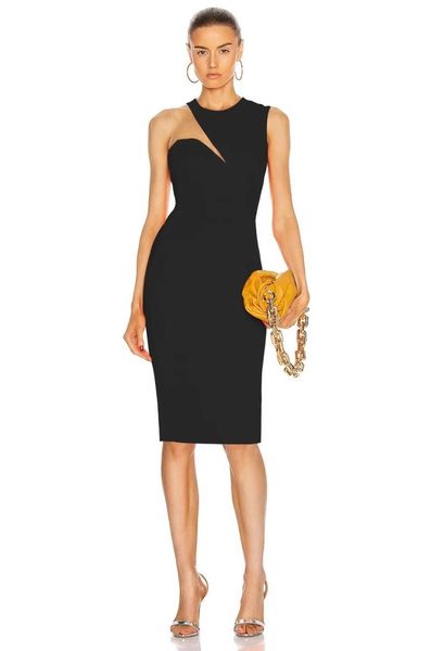

casual dresses 2021 european and american summer strappy mid-length dress ladies leaky shoulder pull arm slim stretch tight party, Black;gray