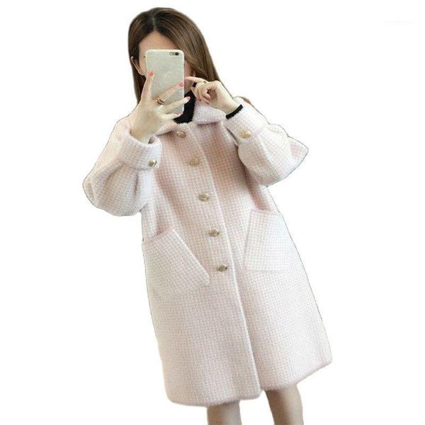 

women's wool & blends 2021 large size knitted cardigan outwear loose imitation mink fleece autumn winter jacket women mid-length female, Black