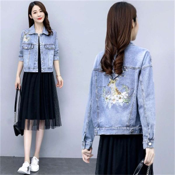 

denim jacket women's short spring and autumn fashion loose light color kong embroidery denim suit, Black;brown