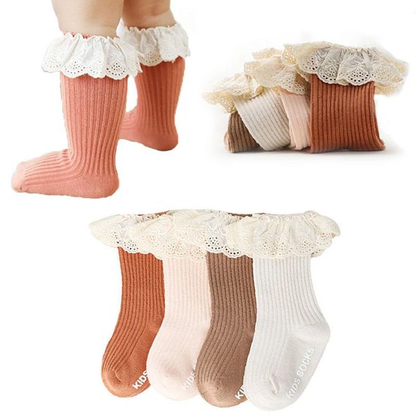 

socks baby kids toddlers girls knee high long soft cotton lace children girl 0 to 3 years, Pink;yellow
