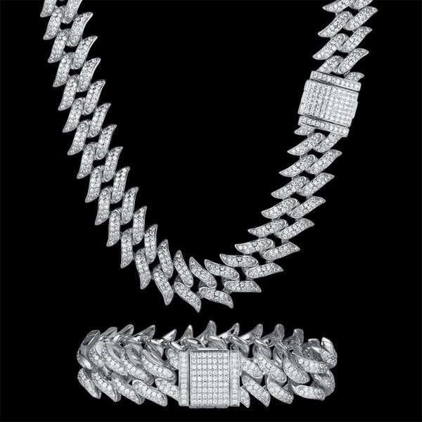 

pendant necklaces 100% zircon cz hip hop miami cuban link chain 18mm bramble bracelet men necklace drop party jewelry rock set, Silver
