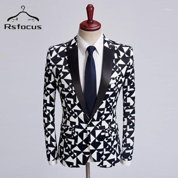 

rsfocus black red geometric pattern fashion printed blazer men 2021 stage costume homme slim fit blazers suit jacket xz205 men's suits, White;black