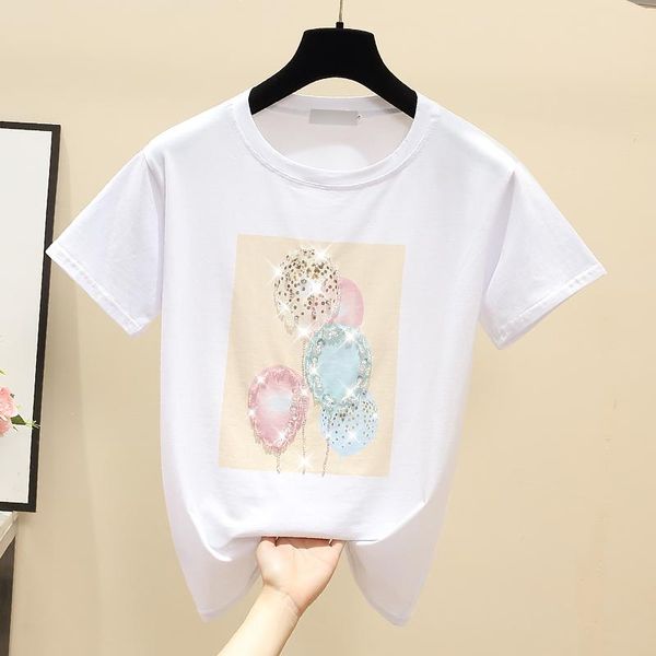 

women's t-shirt balloon beaded women summer graphic tee aesthetic clothes streetwear crew neck for teens mujer camisetas clothing, White