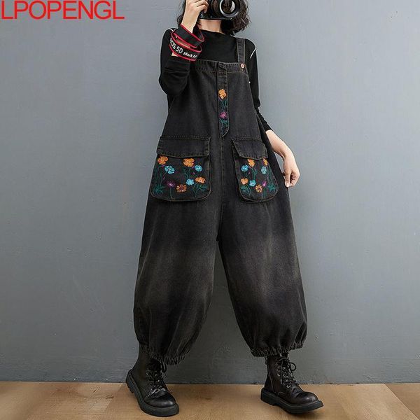 

women's jeans autumn indie folk female 2021 womens vintage embroidery overalls floral ladies pockets blue loose denim harem pants