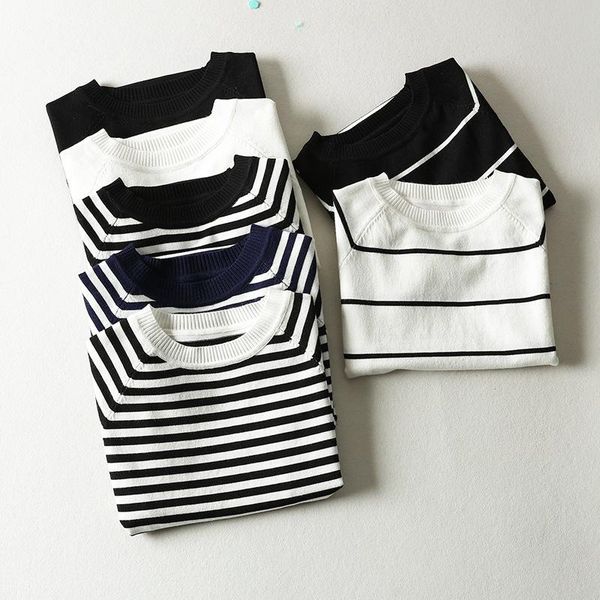 

women's sweaters short-sleeved female 2021 summer pullovers korean wild self-cultivation base black and white striped ice silk sweater, White;black
