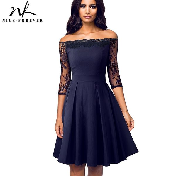 

nice-forever summer women vintage embroidery lace patchwork off shoulder dresses cocktail party elegant flare dress btya071 210419, White