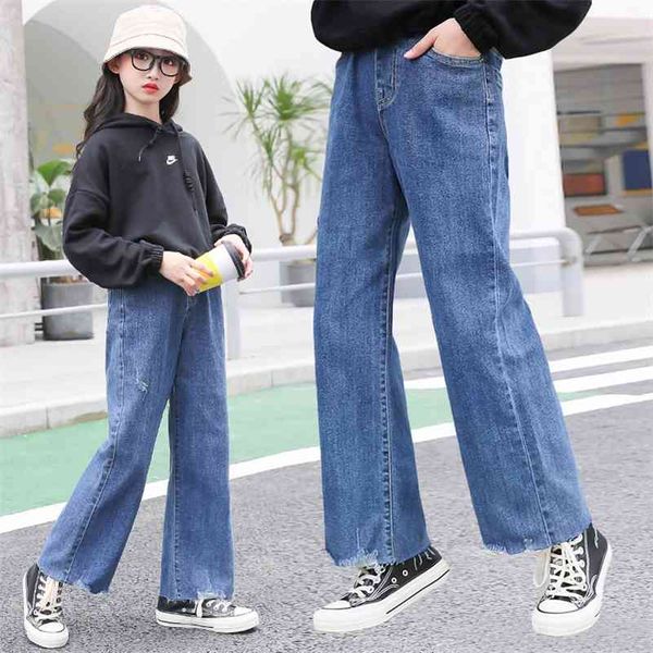 Jeans für Teenager-Mädchen, weites Bein, modisch, einfach, passend, zerrissene Denim-Hosen, Hosen für große Mädchen, Herbst, Neu, 5–14 Jahre, 210317