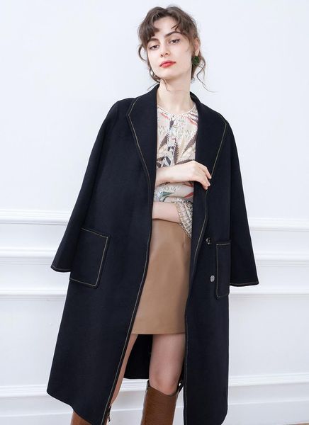 

women's wool & blends clothing 2021 winter sheep long woolen coat lapel, Black