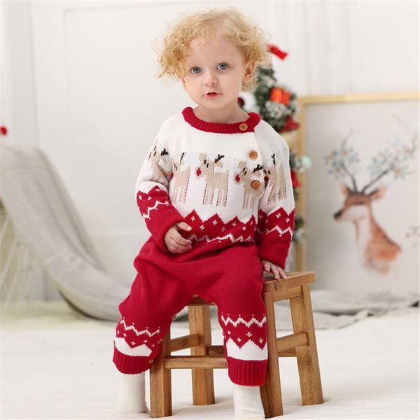 

infant christmas romper babies long sleeve elk printed pattern round collar jumpsuit for boys and girls, red/ dark blue jumpsuits