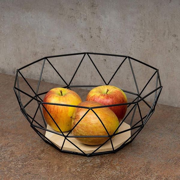 

kitchen basket container bowl wooden base geometric design back wire wrought iron fruit bread vegetable storage minimalism bottles & jars