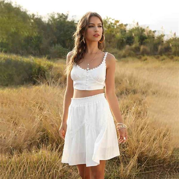 Foridol Branco Abrióderia 2 Parte Saia Set Mulheres Botão Praia Saias Verão Conjuntos Floral Ruffle Sets Womens Outfits Crop Top 210415