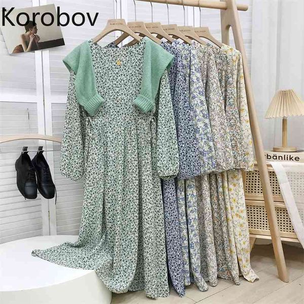 

korobov vintage square collar long sleeve women dress korean chic flower print female dreses summer new chiffon vestidos 210430, Black;gray