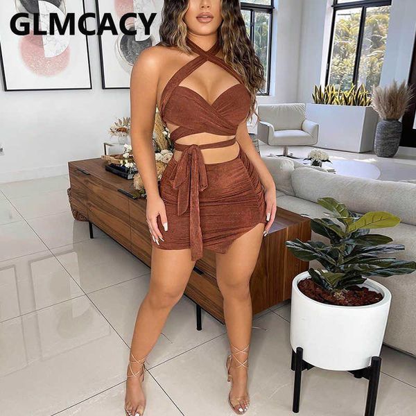 

two piece dress suits halter backless crop & mini skirt set 210702, White