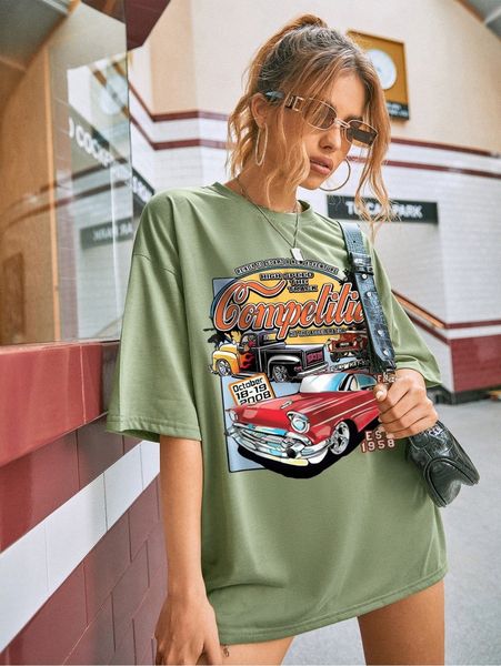 

car & letter print round neck tee q41h#, White