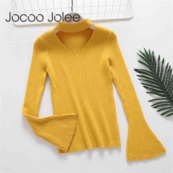 

fashion halter knitted sweater women autumn winter pullover female slim v neck flare sleeve jumper casual pull 210416, White;black