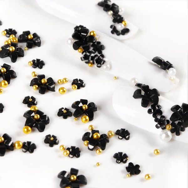 

nail art decorations black flower acrylic gold silver bead pearl luxury jewelry manicure professional for supplies rk140134, Silver;gold