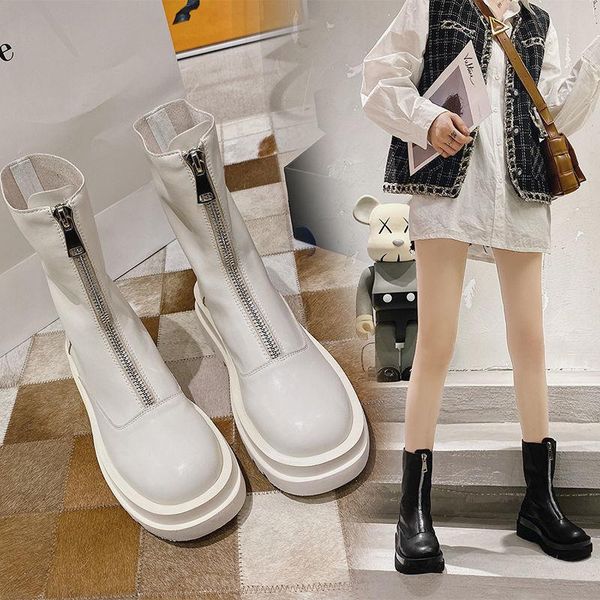 

boots front zipper chunky platform women's solid black beige women round toe high heel ankle