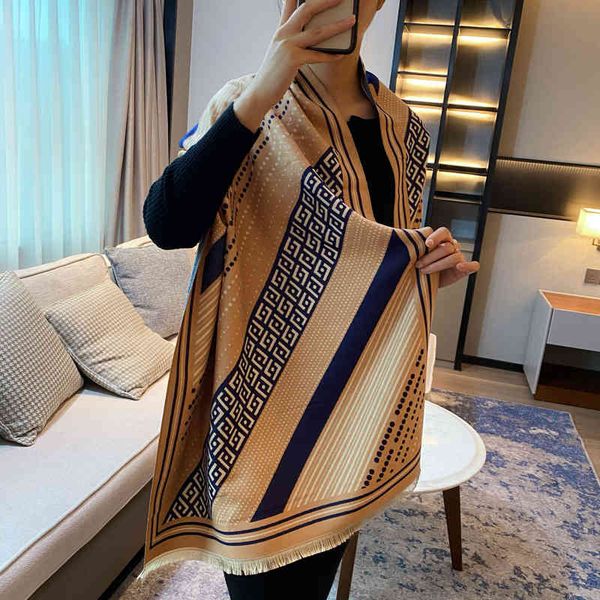 

design 2021 winter new imitation cashmere scarf women's warm thickened color matching lattice double-sided shawl bib, Blue;gray