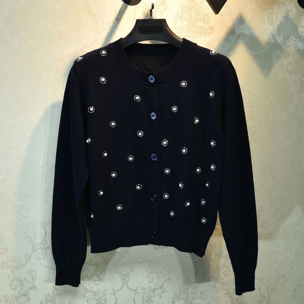 

women's sweaters 2021 female spring high-quality beading mark neck knitting jacket elegant lady black cardigans b588, White;black