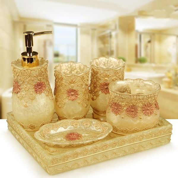 

resin bathroom set toiletries wash five piece with tray mouth cup toothbrush holder lotion bottle toilet brush tissue box bath accessory