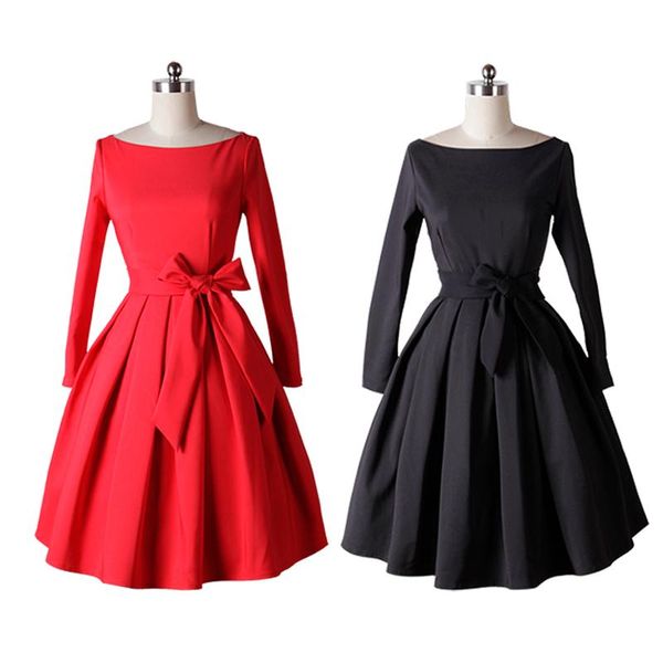 

casual dresses 2021 spring autumn vintage 50s audrey hepburn solid pleated bridesmaid boutique black dress vestido de festa jd0, Black;gray