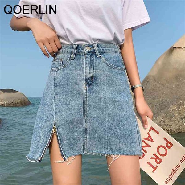 Vintage rasgado cintura alta calça jeans saia furo furo de verão furo split lavado denim lateral bolso zíper design mini s 210601