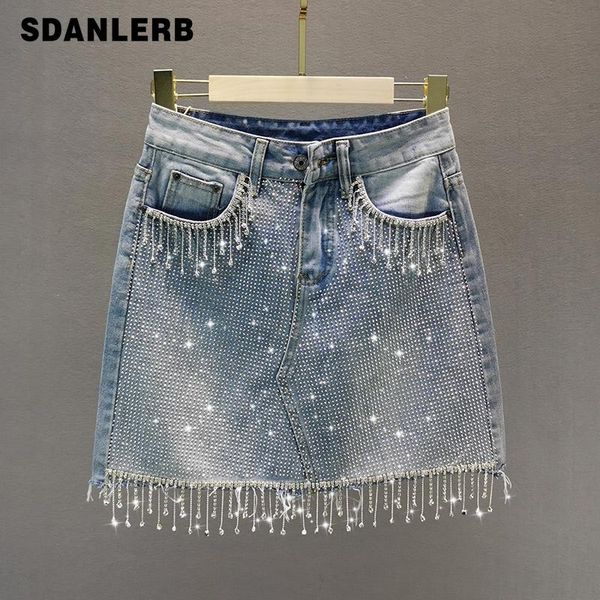

skirts denim skirt for women 2021 summer loose high waist slimming heavy embroidery drilling fringed sheath short mini, Black