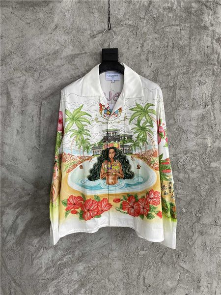 

casablanca hawaiian oasis island landscape printed casual shirt beach kingdom painted loose shirt, White;black