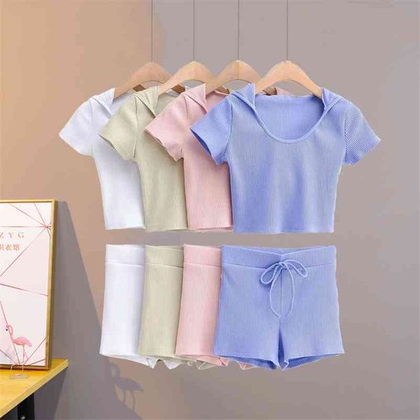 

women casual two piece sets summer women's hooded short-sleeved t-shirt tether elastic shorts female womens tracksuit set 210517, White