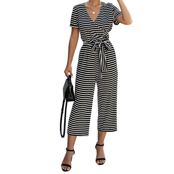 

women's jumpsuits & rompers summer deep v neck sashes jumpsuit women short sleeve casual overalls office lady striped long pants, Black;white