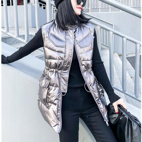 

women's vests winter glossy cotton padded stand-collar vest jacket slim sleeveless ladies waistcoats warm casual solid female outwear, Black;white