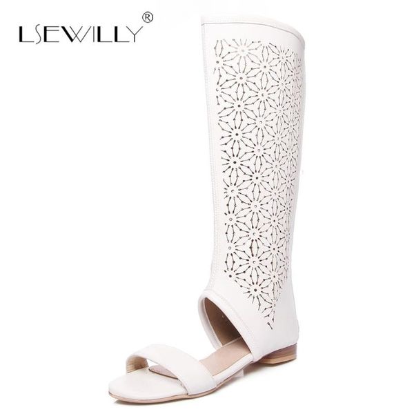 

lsewilly roman punk fashion womens casual flat sandals pu leather back zipper peep toe hollow summer boots white color s434, Black