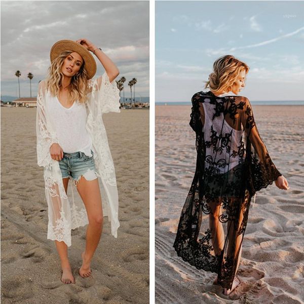 

summer women lace cardigan shawl coat 2colors long swimwear cover up blouse bathing suit cape swimsuit women's, White;black