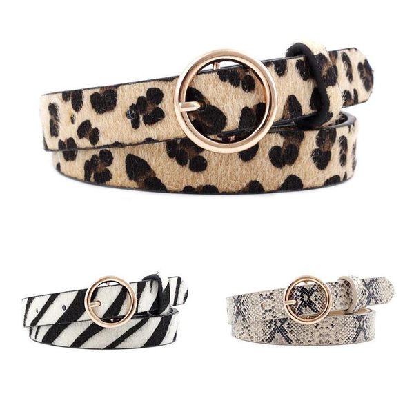 

belts fashion women's belt smooth waist leopard snake zebra print classic horsehair pu leather metal round buckle waistband, Black;brown
