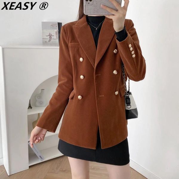 

women's suits & blazers xeasy double breasted blazer women jackets for 2021 autumn female coat brown elegant office lady, White;black